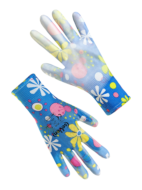 Рукавички жіночі синтетичні сині/блакитні з поліуретановим покриттям кольоровий принт SEVEN 69179 р.8